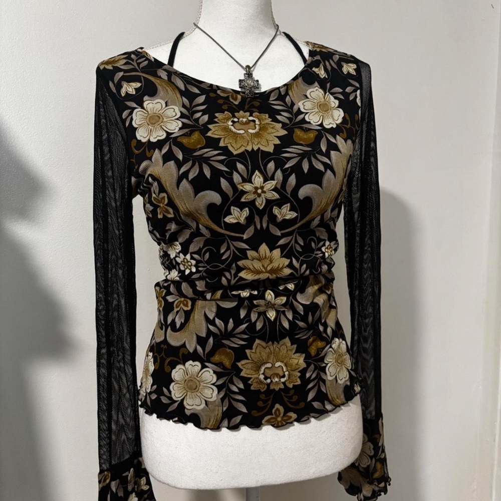 Floral Long Sleeve Mesh Top Bell Sleeves